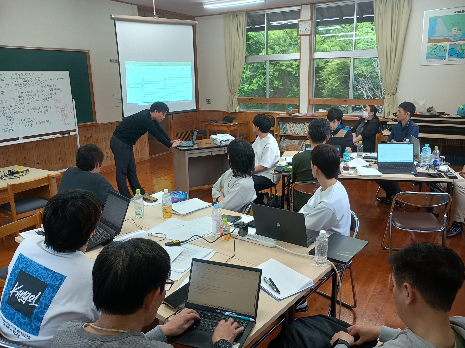地元の廃校で社員と経営計画を考える浅野平二郎さん